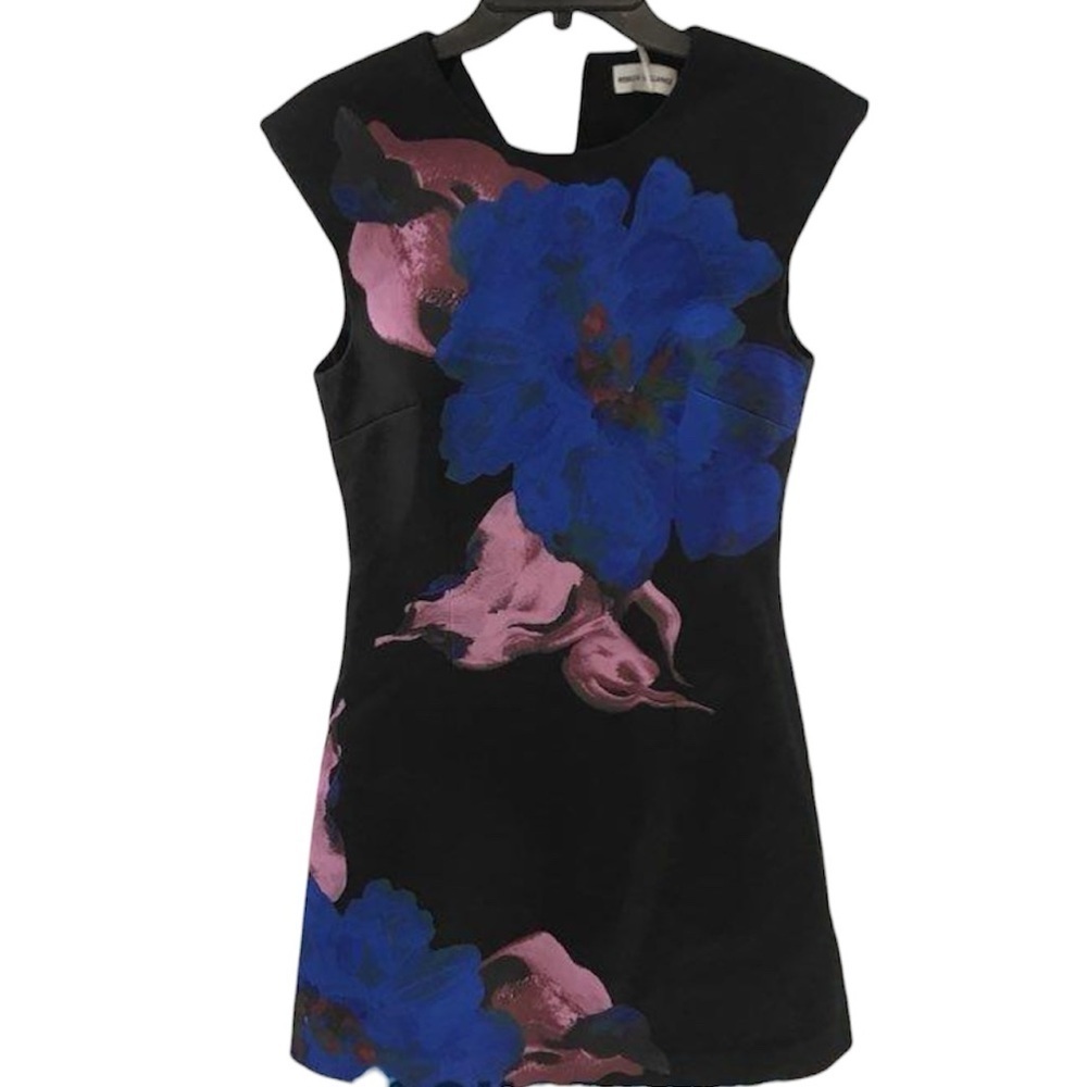 NWT Rebecca Vallance Acid Wash Floral Black A Line Mini Dress Blue Pink 6 - Picture 7 of 11